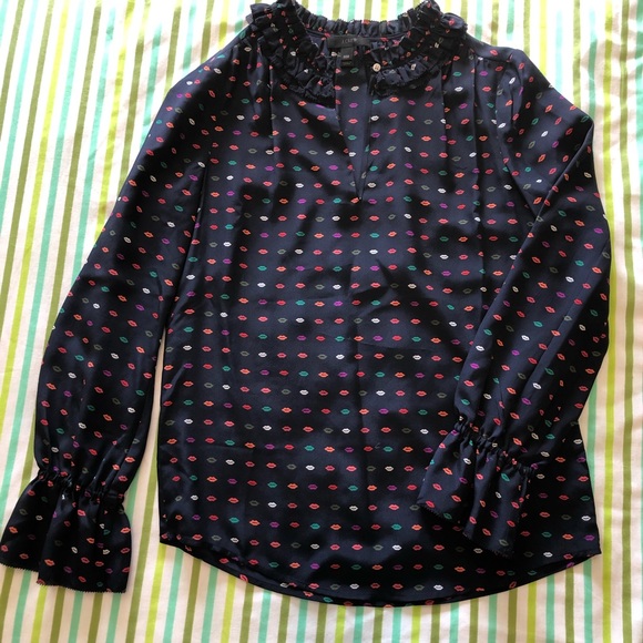 JCrew ruffle neck silk top in lips print 000 - Picture 3 of 5